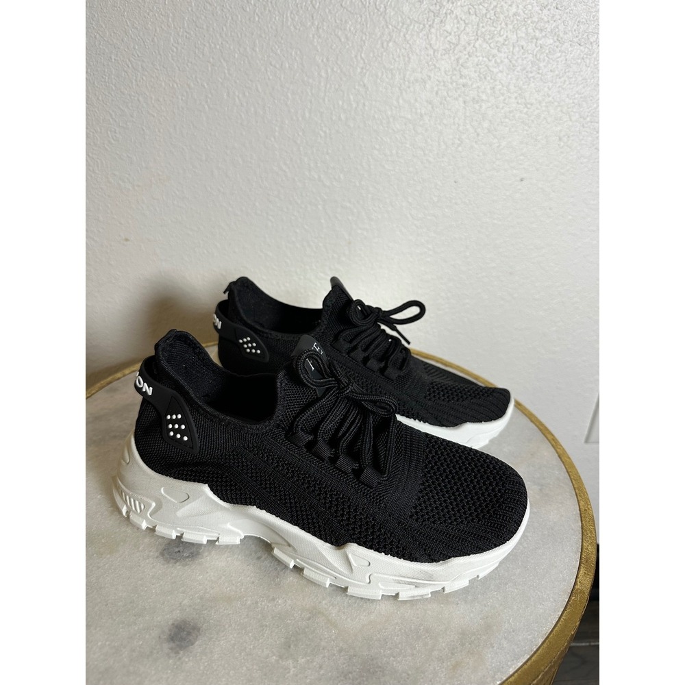 FME Fashion Womens Knit Platform Sneakers Black White Mesh Lace Up Trainers